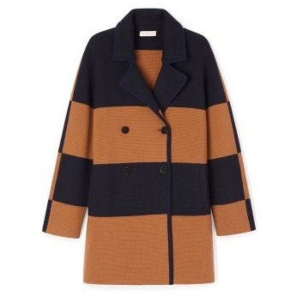 Tory Burch Merino Wool Coat / Small / Navy Mahogany Bold Stripe Heavyweight - Picture 3 of 13
